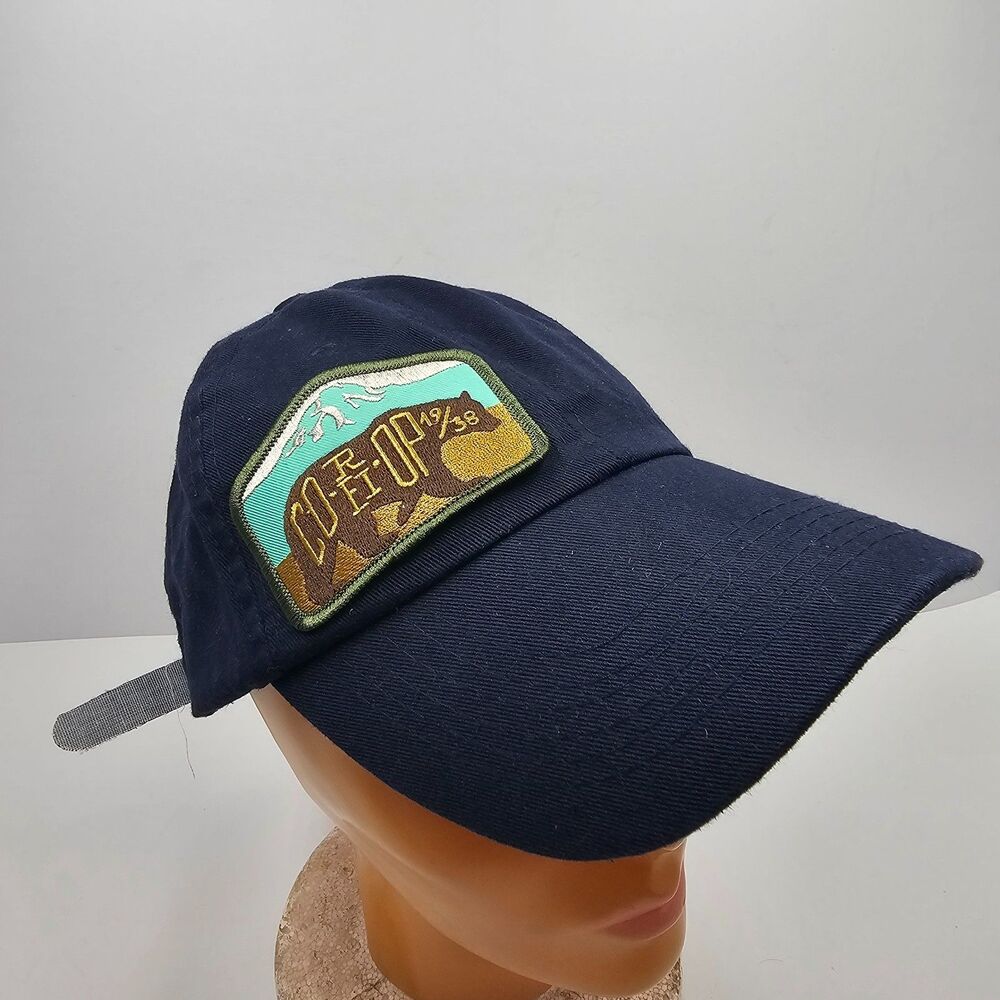 REI Co-Op Navy Blue Golf Hat Leather Strapback Bear Mountain Embroidered Patch